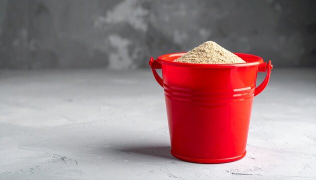 Red bucket filled with fiber supplement on gray surface for health and wellness concepts.