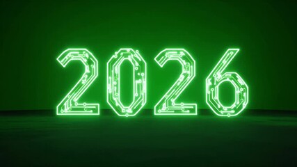 Futuristic 2026 New Year concept featuring glowing green digital numbers with a high-tech circuit board pattern on a reflective surface - Powered by Adobe