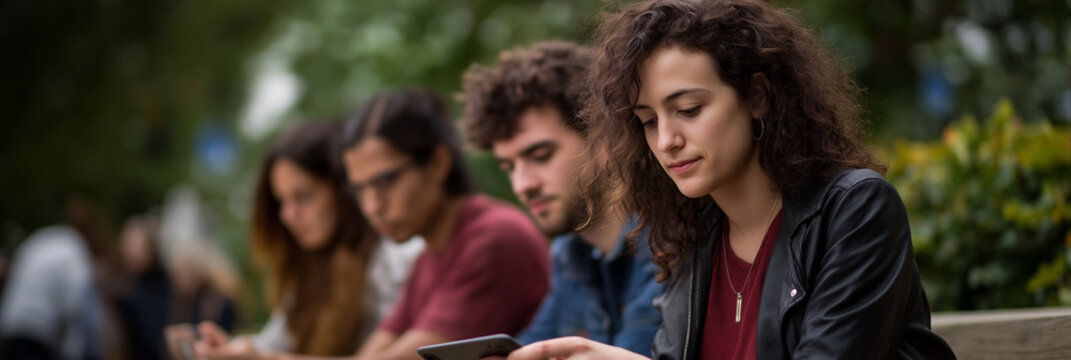 A group of four friends, deeply engaged with their smartphones outdoors, representing modern connectivity and social interactions in a natural setting, highlighting youth culture.