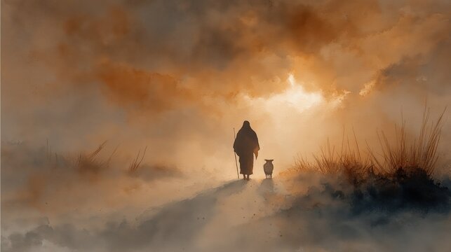 Watercolor painting of Jesus the Good Shepherd walking with the lost lamb on a dusty sunset path of faith
