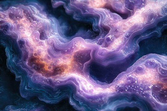 Vibrant abstract display of luminous purple and pink undulating organic forms with glowing particles, resembling a shimmering geode or otherworldly biological structure.