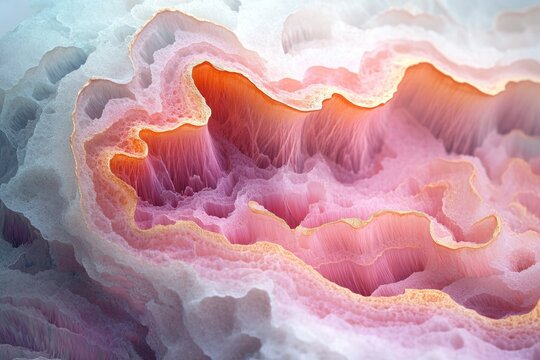 A vibrant abstract macro of an intricate geological or organic formation with layered pink, orange, and blue hues, detailed textures, and golden accents.