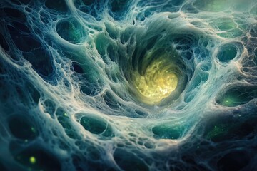 Abstract organic vortex leading to a luminous yellow core, surrounded by intricate blue-green cellular or web-like structures, evoking microscopic wonder.