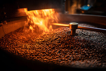 Coffee beans roasting in a metal drum at a local roasting facility in the early morning light