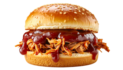 Half-Eaten Pulled Pork Sandwich with Visible Layers and BBQ Sauce, Side Perspective, Isolated on Transparent Background
