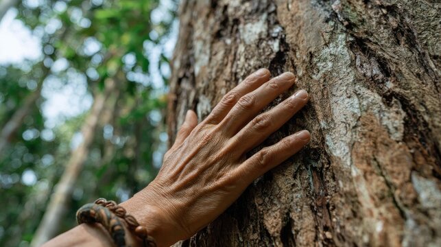 Hand touching tree bark in nature close up feeling texture of outdoors