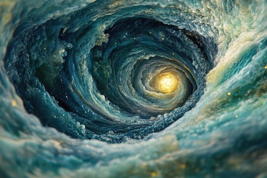 Deep teal and aqua vortex, spiraling like an ocean tunnel. Golden light shines from its core, adorned with luminous particles.