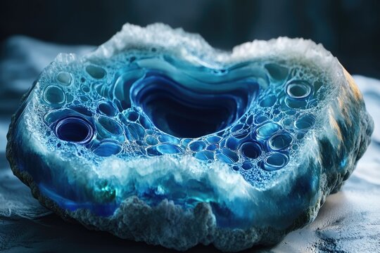 A mesmerizing abstract formation of blue translucent bubbles and frothy crystal-like edges surrounding a dark central void, resembling an aquatic geode. - Powered by Adobe