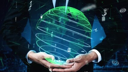 A businessman presents a digital globe with floating icons in a futuristic setting, symbolizing the interplay of technology, communication, and sustainability. Xenic - Powered by Adobe