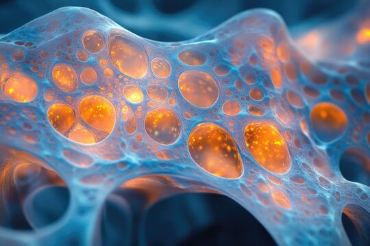 Abstract blue translucent cellular structure, featuring glowing orange internal spheres. This microscopic image suggests biological networks, energy cells, or a futuristic organic design. - Powered by Adobe