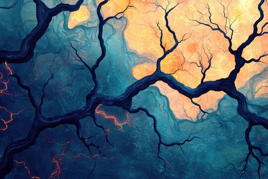 Gnarled, dark branches intertwine across a cosmic canvas of glowing orange energy and deep swirling blue textures, creating an ethereal abstract scene.