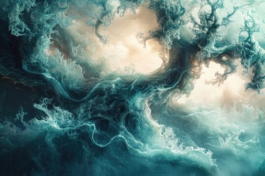 A powerful abstract blend of turbulent teal waves and intricate organic formations, bathed in ethereal light, creating a mystical underwater scene.