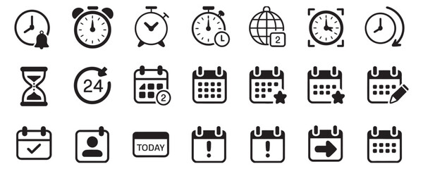 Streamline tasks with scheduling and reminders using these handy calendar and clock icons for websites or apps, ensuring efficiency and productivity