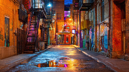 Naklejka premium A dramatic night view of gritty urban alley lit by intense neon lights. Wet pavement reflects the vibrant colors of surrounding brick walls, graffiti, and fire escapes, creating a moody city scene.