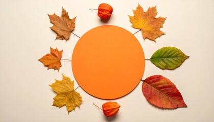 Autumnal Circle - Colorful Leaves and Physalis around Orange Center.