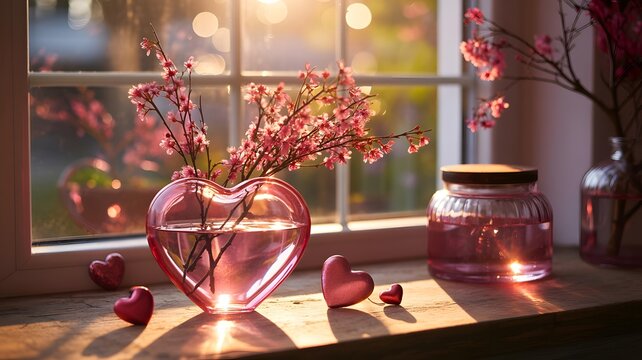 Heart Shaped Vase with Pink Blossoms and Hearts by Window still efanioldsdwakdmy4iytya