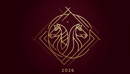 Symmetrical horse heads in a golden art deco style for a luxurious 2026 New Year emblem