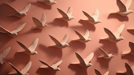 Fototapeta premium White birds flying in formation against pink background