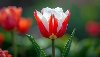 Striking Red and White Tulip in a Garden Setting.