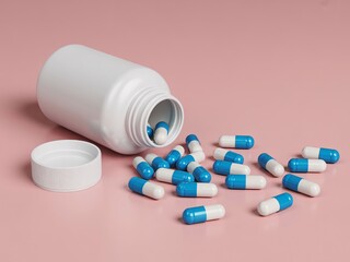 White and blue pharmaceutical capsules spilled from an open white plastic medicine bottle on a pink background, representing healthcare, medication, and wellness concepts.