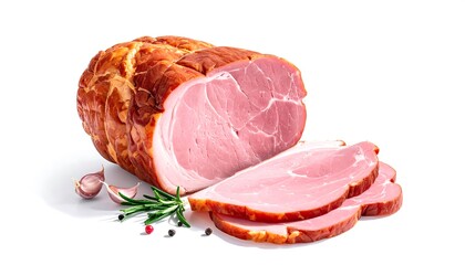 Delicious Ham with Rosemary and Garlic on White Background.