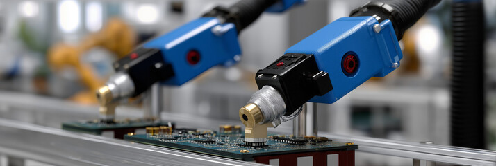 Cutting-edge robotic arms meticulously assemble components on a circuit board, showcasing innovation, efficiency, and the future of manufacturing technology.