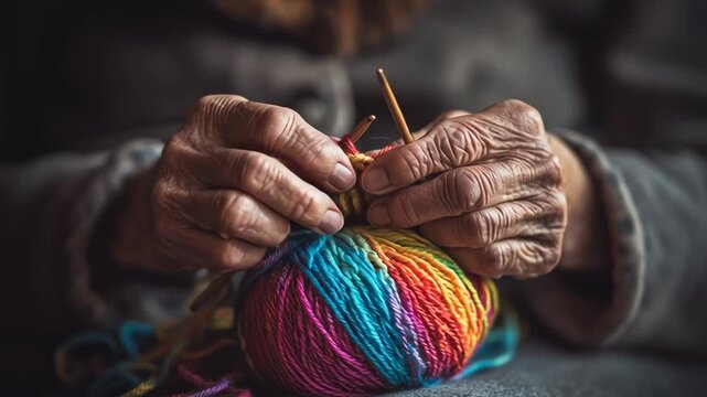 Elderly hands knitting with colorful yarn, symbolizing patience, creativity, tradition, and the beauty of handmade craftsmanship