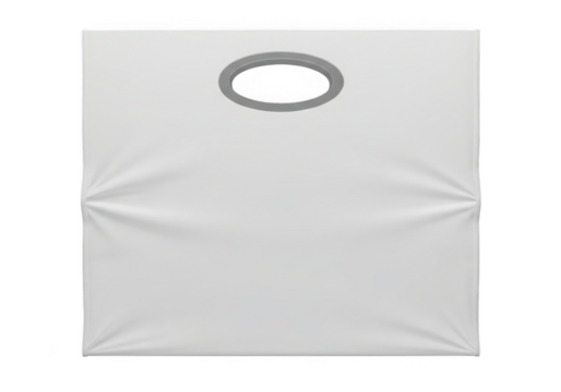 A plain white paper shopping bag with a die cut handle isolated on transparent background