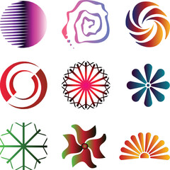 Diverse collection of nine vibrant abstract gradient design elements and logo icons for various creative projects and branding.