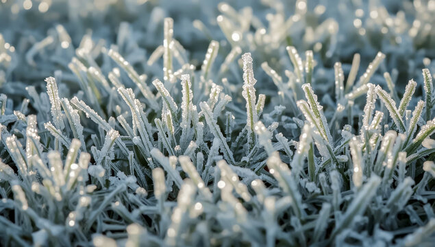 Frozen grass blades covered with sparkling frost crystals in morning sunlight. Natural closeup winter background with icy texture. Seasonal cold weather detail for nature, winter, and outdoors themes.
