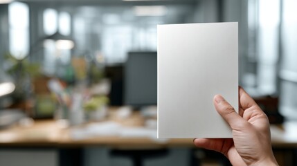 Hand Holding a Blank Mock Notebook Cover Isolated with Blurred Office Background for Creative Use and Design Purposes