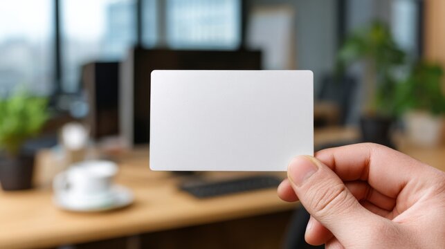 Close-up of a Hand Holding a Blank Mock Credit Card in a Modern Office Setting with Blurred Background