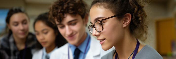 Obraz premium A diverse group of young individuals collaboratively working together at a study table, emphasizing teamwork and academic engagement in a modern learning environment.