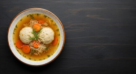 Traditional Jewish Matzo Ball Soup with Carrots and Dill in Ceramic Bowl Comfort Food on Dark Wooden Table  

