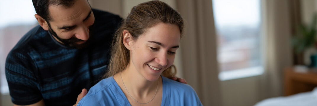 In a cozy setting, a joyful couple shares a tender moment, capturing their connection and affection amidst a backdrop of warmth and intimacy in a softly lit room.