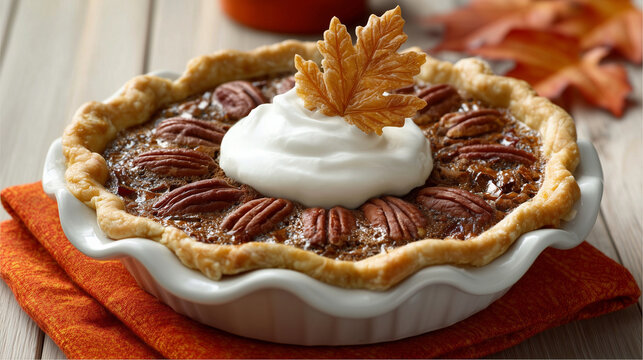 Pecan pie with a dollop of whipped cream and a leaf shaped crust garnish - Powered by Adobe