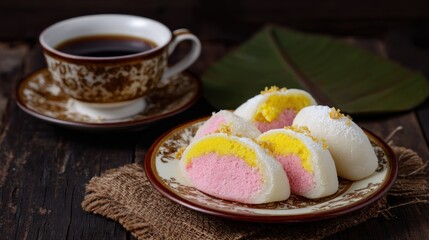 Appetizing sweets with coffee on a wooden table in a close up shot