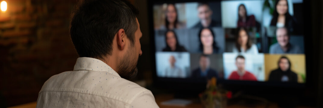 A man engages in a virtual meeting, observing a mosaic of diverse participants on a large screen, emphasizing the importance of digital connection in today's world.