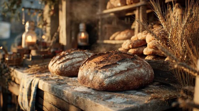 Rustic artisan bread on wooden table with wheat stalks and warm lighting