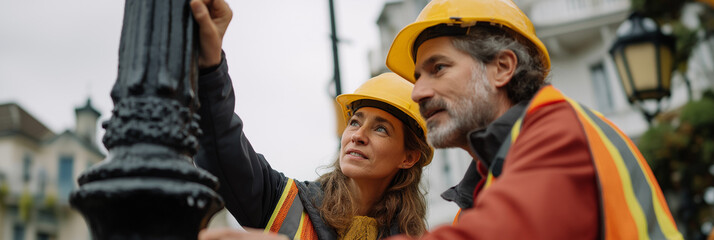 Two construction workers, a man and a woman, are engaged in a design discussion at a work site, showcasing teamwork, professionalism, and dedication to their shared goals.