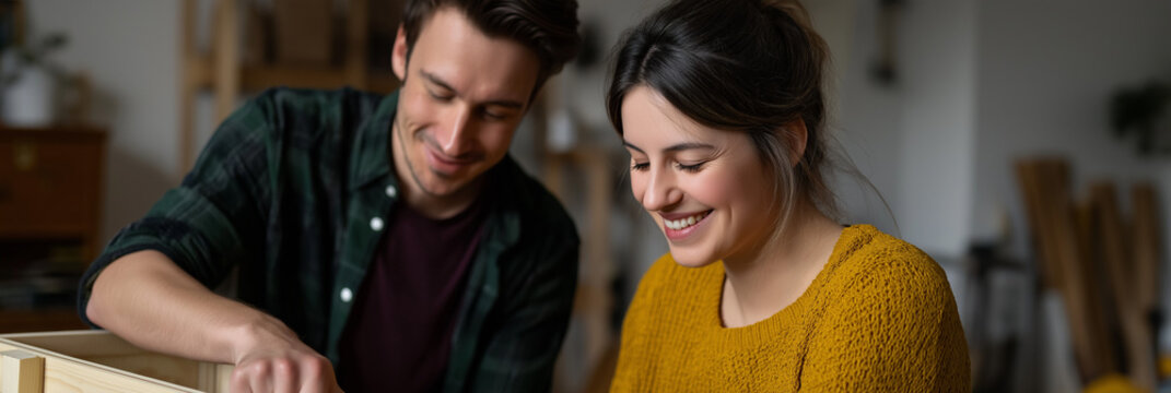 A happy couple collaborates on a creative woodworking project, illustrating teamwork, joy, and connection, as they share smiles and focus on their task together in a cozy space.