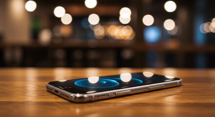 Modern Silver Smartphone with Glowing Blue Screen on a Wooden Table