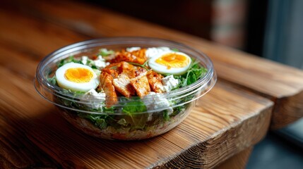 Healthy salad bowl with chicken eggs and greens on wooden surface