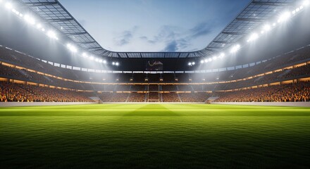 Full stadium view with green grass field and bright lights for sporting events and competitions game day