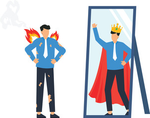 Businessman burnout with self perception seeing king reflection with superhero cape. Inner strength, success concept, personal growth, ambition motivation.