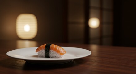 Delicious Salmon Sushi Nigiri Served on a White Plate in Warm Ambiance