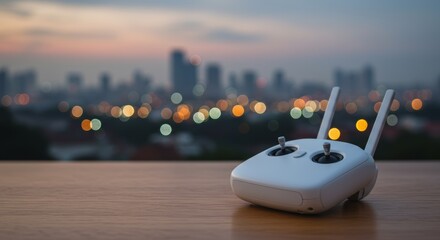 White Drone Remote Control on Wood Table Against Blurry City Bokeh Lights at Sunset