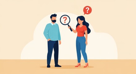Confused man with question mark and woman searching for answers