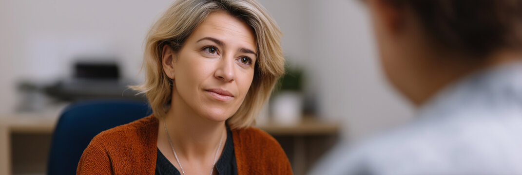 A thoughtful therapist engages attentively with a client, fostering a safe space for open discussion and emotional exploration in a private setting, emphasizing care and empathy. - Powered by Adobe