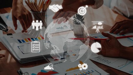 Engaging scene of a business meeting featuring hands shaking, charts, and a globe overlay, symbolizing collaboration and strategic planning in a modern workspace. Raster - Powered by Adobe
